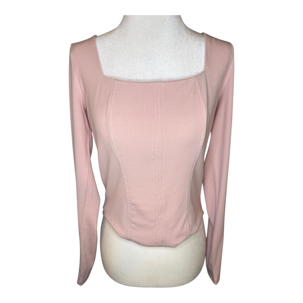 Urban Social Ribbed Corset Top Square Neck Long Sleeve Blush Pink Size Large NWT